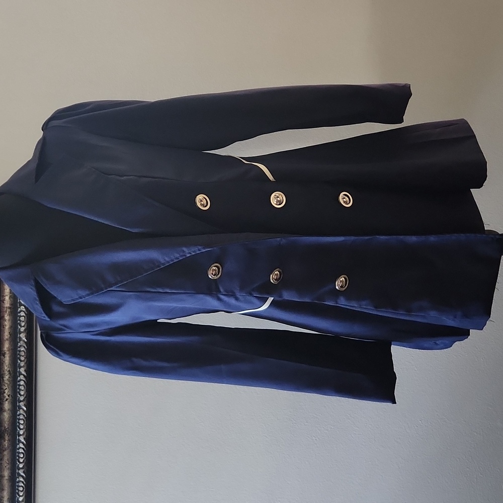 Kivenst vintag style navy w/tan stripes and gold buttons lightweight coat Size M